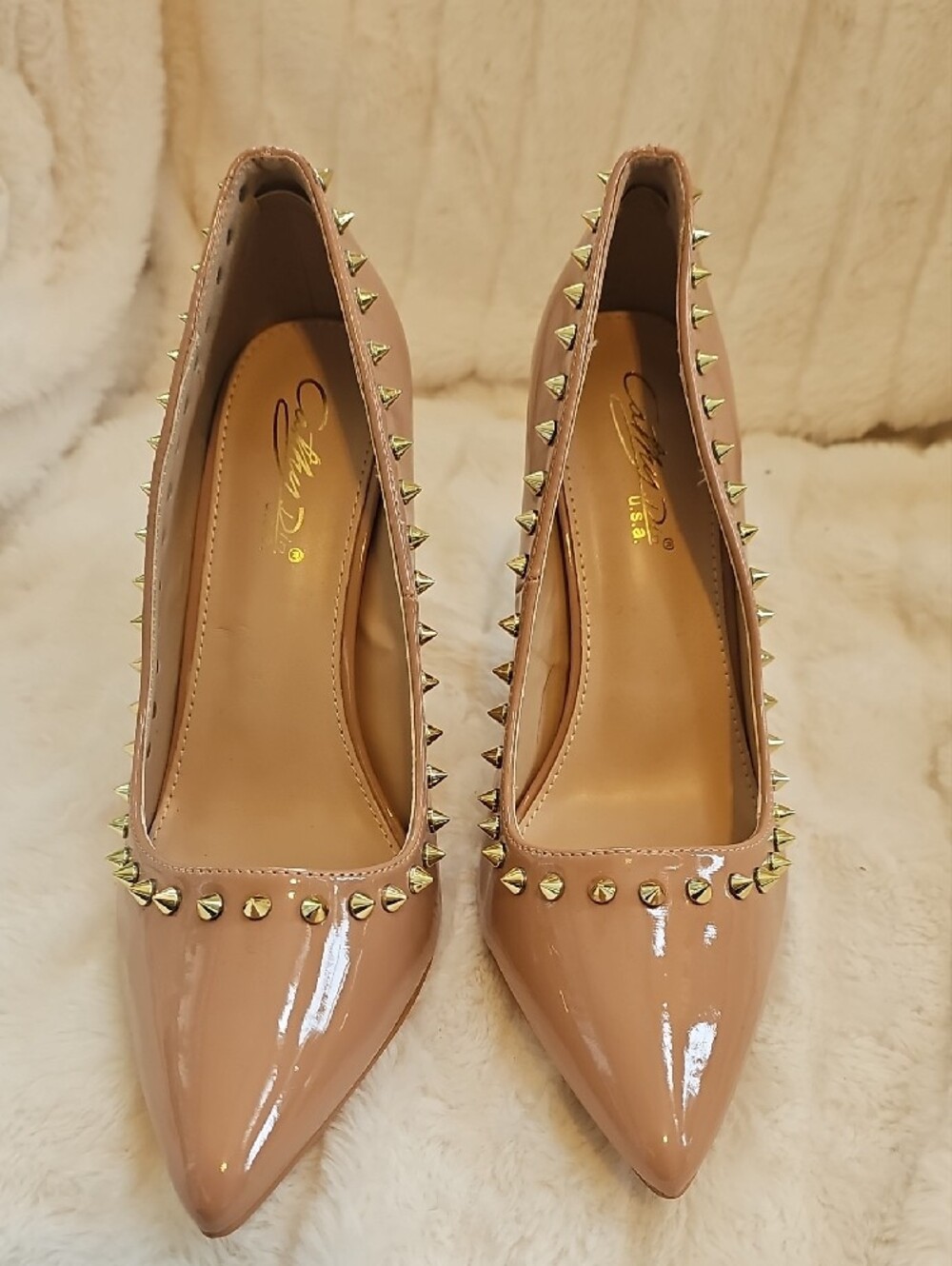 Patent Nude Studded Pointed-Toe Stiletto Pumps - Picture 4 of 9